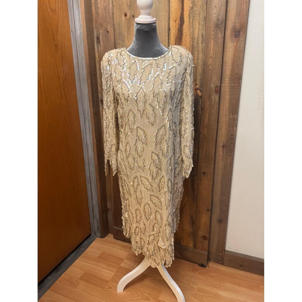 Vintage Champagne‎ Gold Sequin Beaded Midi Dress Long Sleeve Tassel Belt Gala L
